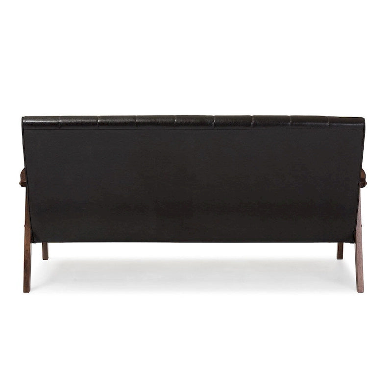 Mid-Century Modern Sofa - Dark Brown Faux Leather, Rubberwood Frame, 3-Seater, 63.98"W x 31.89"H