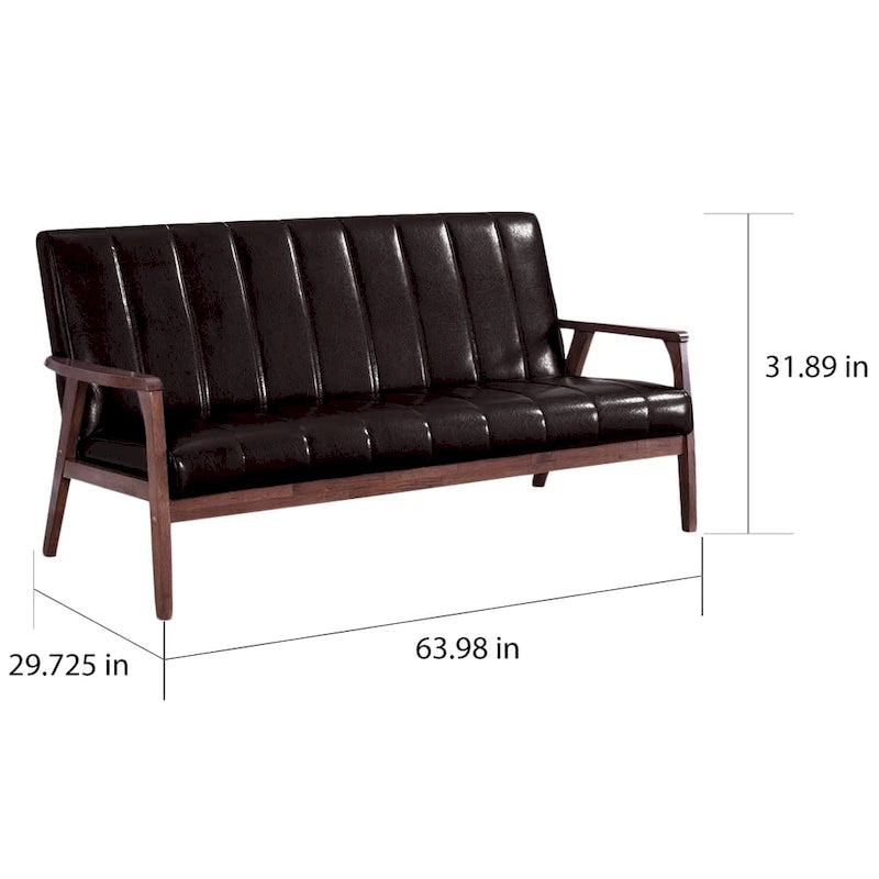 Mid-Century Modern Sofa - Dark Brown Faux Leather, Rubberwood Frame, 3-Seater, 63.98"W x 31.89"H