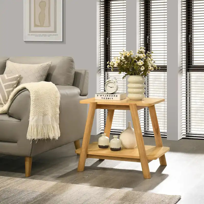 Mid-Century End Table - Wood, Sculptural Design, Storage Shelf, 26.77"W x 21.65"H