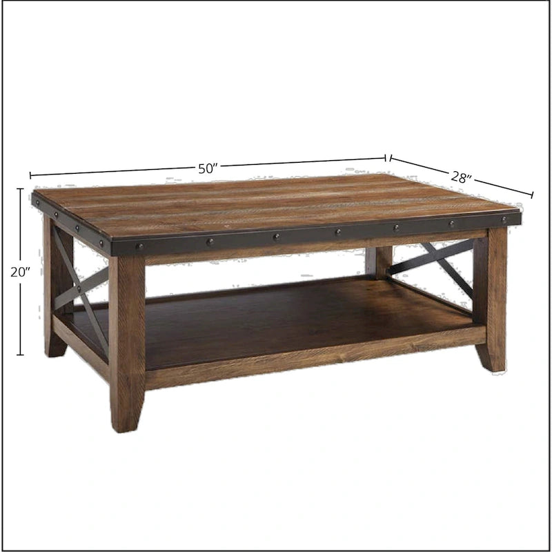 Rustic Coffee Table - Canyon Brown, Studded Metal Band, Metal Stretchers, 50"W x 19"H, 300 lbs