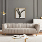 Mid-Century Modern Sofa - Light Grey Top Grain Leather, Tufted, Gold Metal Legs, High-Density Foam