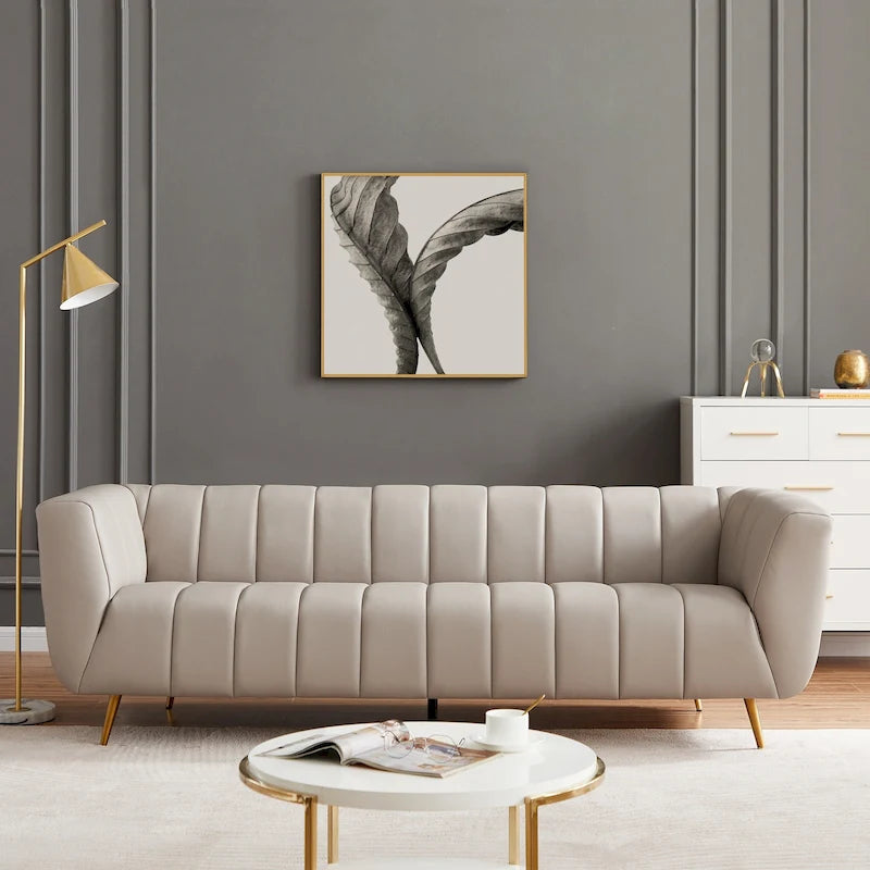 Mid-Century Modern Sofa - Light Grey Top Grain Leather, Tufted, Gold Metal Legs, High-Density Foam