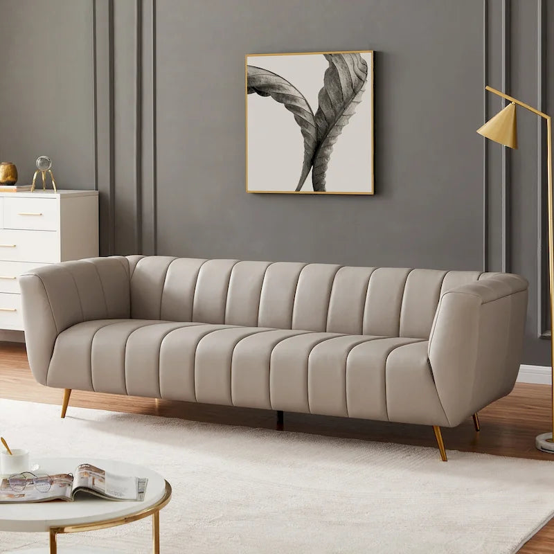 Mid-Century Modern Sofa - Light Grey Top Grain Leather, Tufted, Gold Metal Legs, High-Density Foam