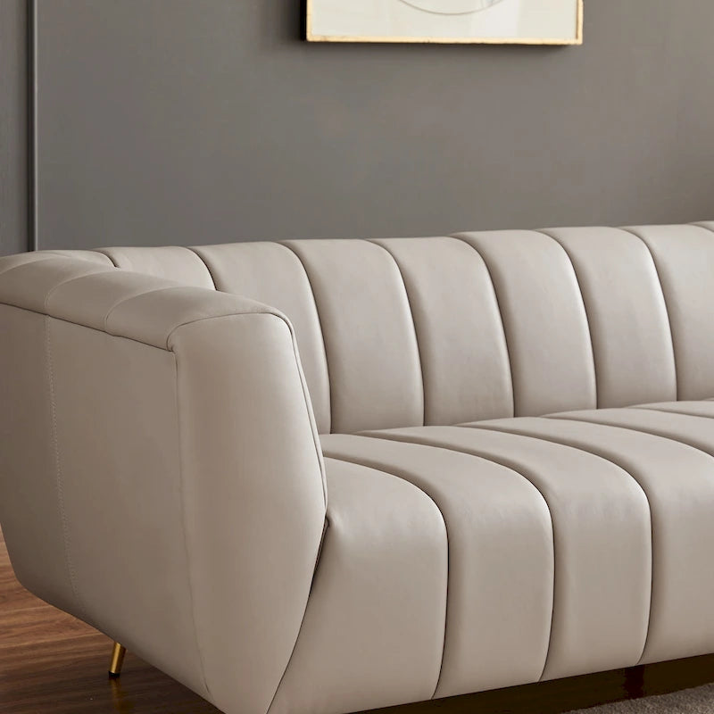 Mid-Century Modern Sofa - Light Grey Top Grain Leather, Tufted, Gold Metal Legs, High-Density Foam