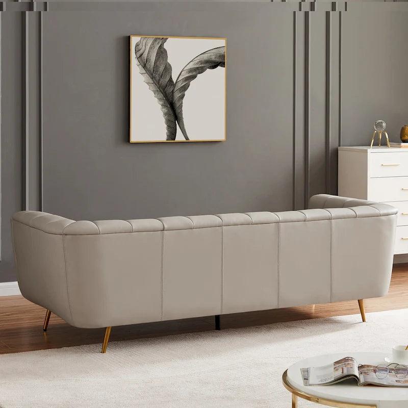 Mid-Century Modern Sofa - Light Grey Top Grain Leather, Tufted, Gold Metal Legs, High-Density Foam
