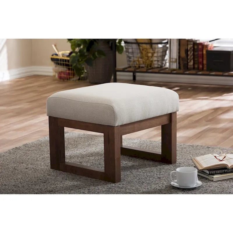 Mid-Century Ottoman Stool - Light Beige Upholstery, Walnut Wood Frame, 21.26"W x 16.54"H