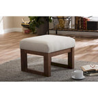 Mid-Century Ottoman Stool - Light Beige Upholstery, Walnut Wood Frame, 21.26"W x 16.54"H