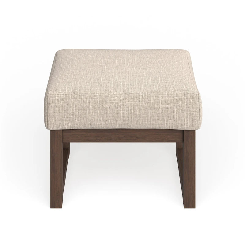 Mid-Century Ottoman Stool - Light Beige Upholstery, Walnut Wood Frame, 21.26"W x 16.54"H