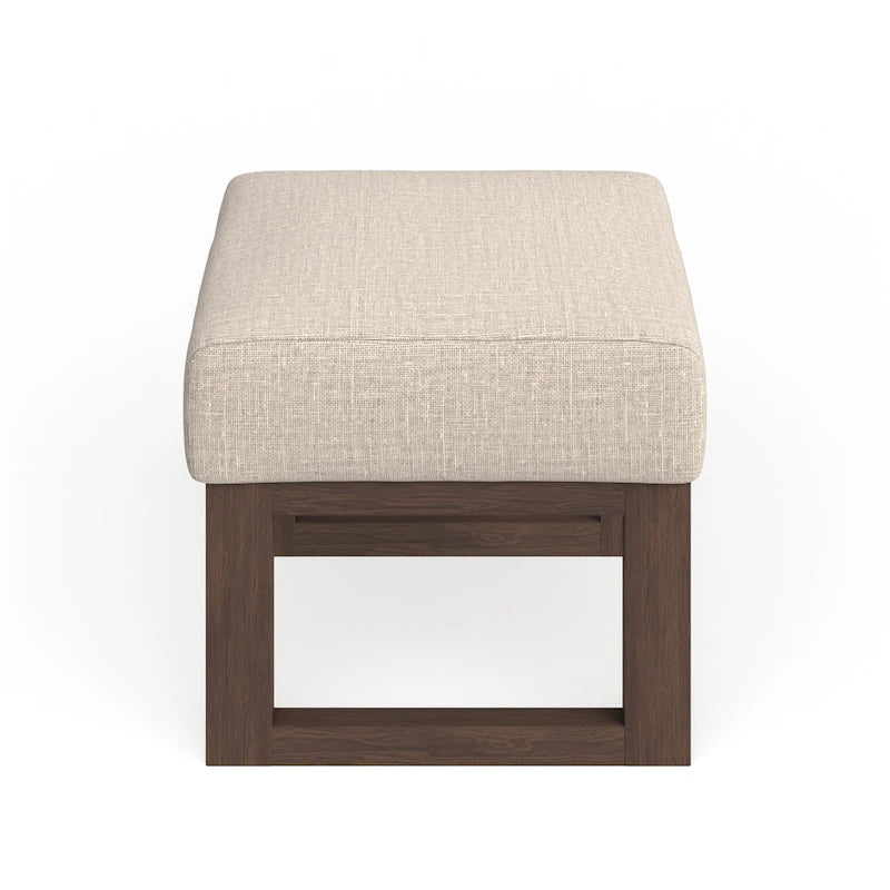 Mid-Century Ottoman Stool - Light Beige Upholstery, Walnut Wood Frame, 21.26"W x 16.54"H