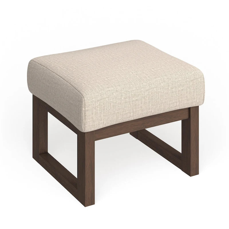 Mid-Century Ottoman Stool - Light Beige Upholstery, Walnut Wood Frame, 21.26"W x 16.54"H