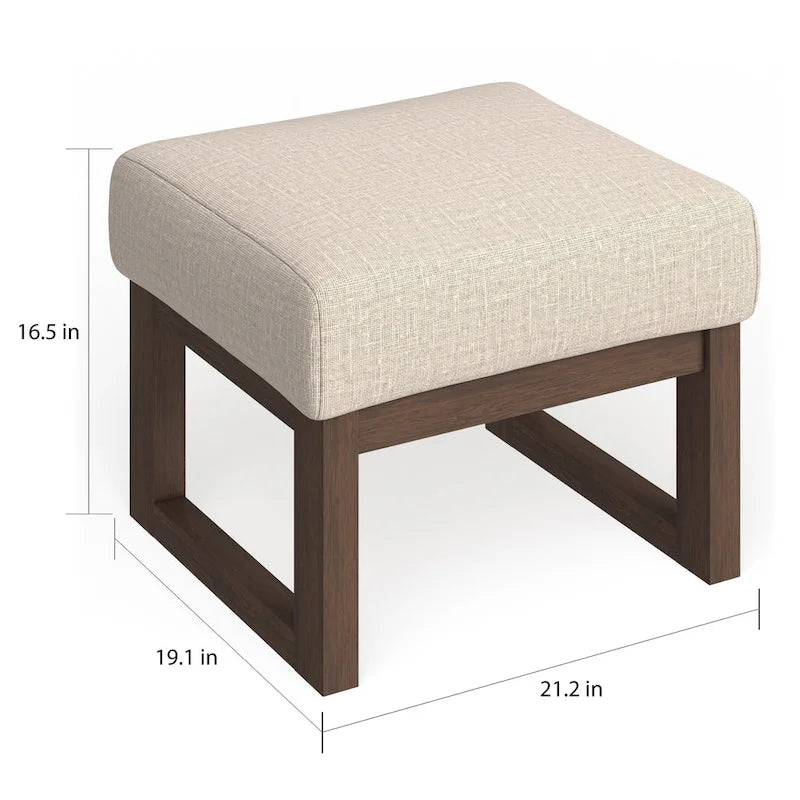 Mid-Century Ottoman Stool - Light Beige Upholstery, Walnut Wood Frame, 21.26"W x 16.54"H