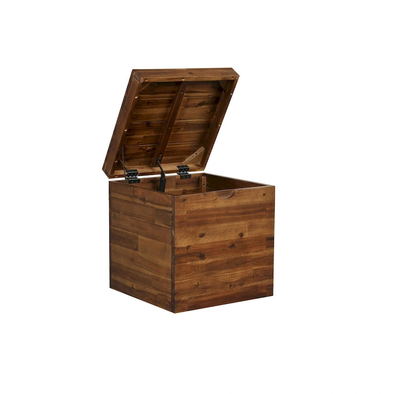 Storage Cube Trunk - Dark Brown, Solid Acacia Wood, Hinged Lid, 17.75"W x 19"H, Multi-Use