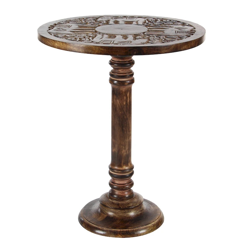 Round Accent Table - Dark Brown Mango Wood, Hand-Carved Elephant/Floral, 17"W x 21"H, 100 lbs