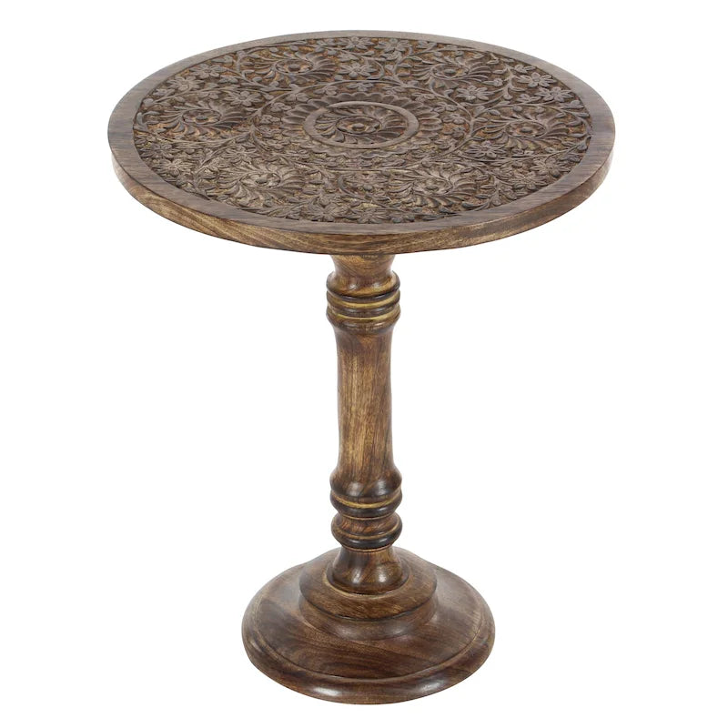 Round Accent Table - Dark Brown Mango Wood, Hand-Carved Elephant/Floral, 17"W x 21"H, 100 lbs