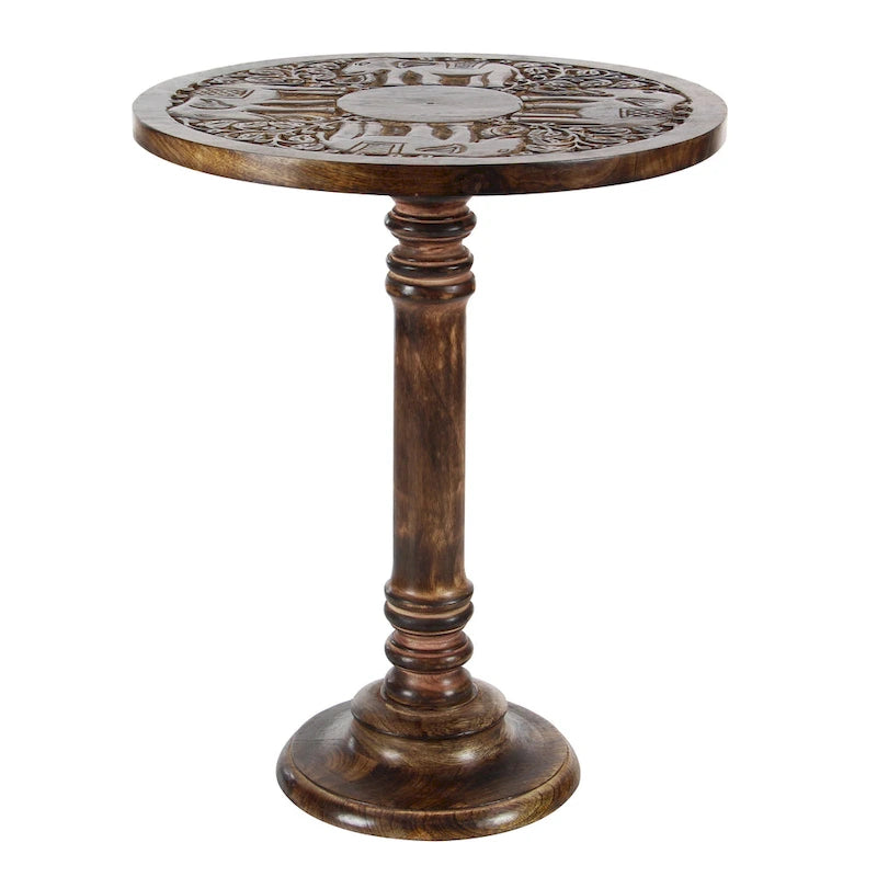 Mango Wood Elephant or Floral Handmade Intricately Carved Accent Table with Turned Base - Dark Brown - Roche River Decor