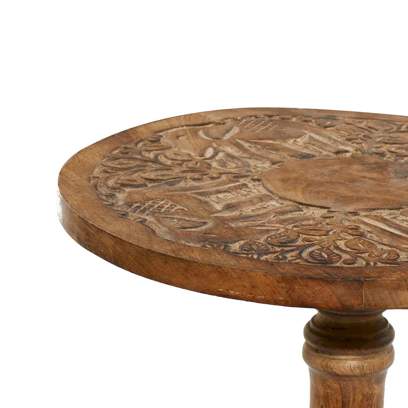 Round Accent Table - Dark Brown Mango Wood, Hand-Carved Elephant/Floral, 17"W x 21"H, 100 lbs
