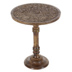 Round Accent Table - Dark Brown Mango Wood, Hand-Carved Elephant/Floral, 17"W x 21"H, 100 lbs