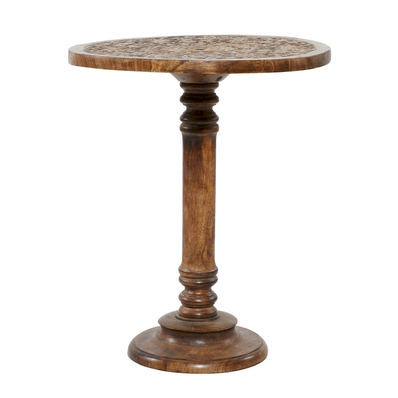 Round Accent Table - Dark Brown Mango Wood, Hand-Carved Elephant/Floral, 17"W x 21"H, 100 lbs