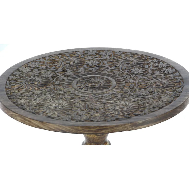 Round Accent Table - Dark Brown Mango Wood, Hand-Carved Elephant/Floral, 17"W x 21"H, 100 lbs
