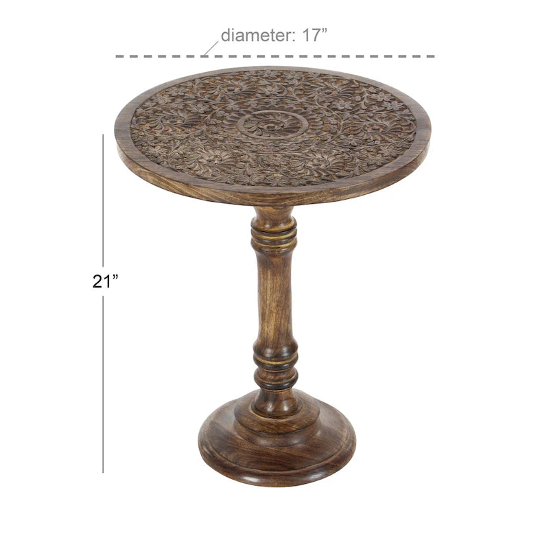 Round Accent Table - Dark Brown Mango Wood, Hand-Carved Elephant/Floral, 17"W x 21"H, 100 lbs