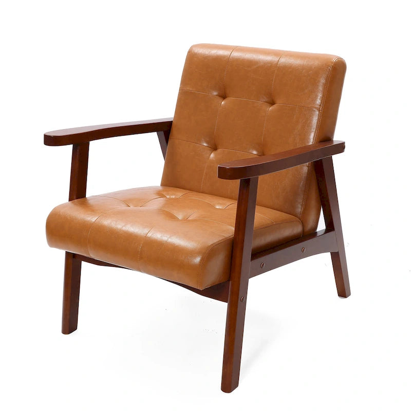 Mid-Century Armchair - Brown Faux Leather, Rubberwood Frame, 24.13"W x 29.9"H, Single Seat, 250 lbs