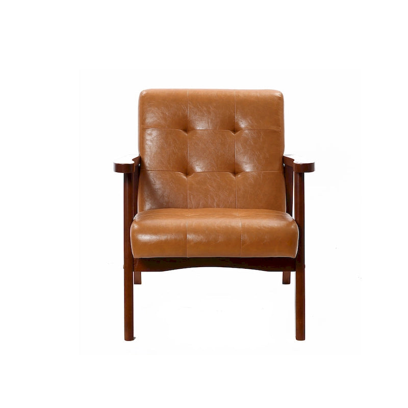 Mid-Century Armchair - Brown Faux Leather, Rubberwood Frame, 24.13"W x 29.9"H, Single Seat, 250 lbs