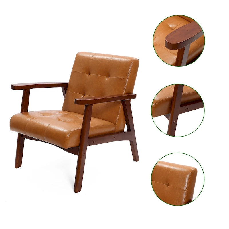 Mid-Century Armchair - Brown Faux Leather, Rubberwood Frame, 24.13"W x 29.9"H, Single Seat, 250 lbs