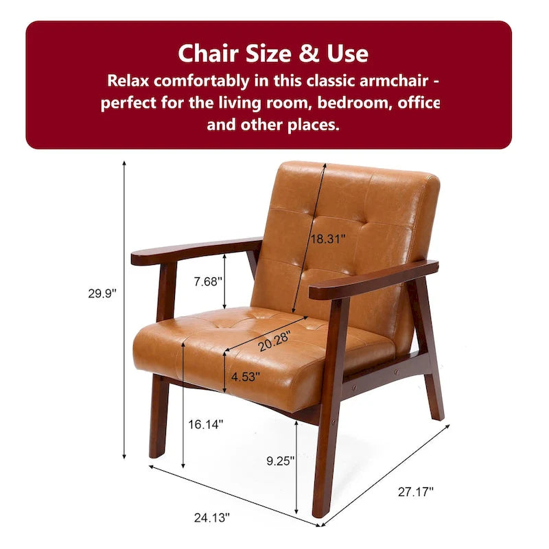 Mid-Century Armchair - Brown Faux Leather, Rubberwood Frame, 24.13"W x 29.9"H, Single Seat, 250 lbs