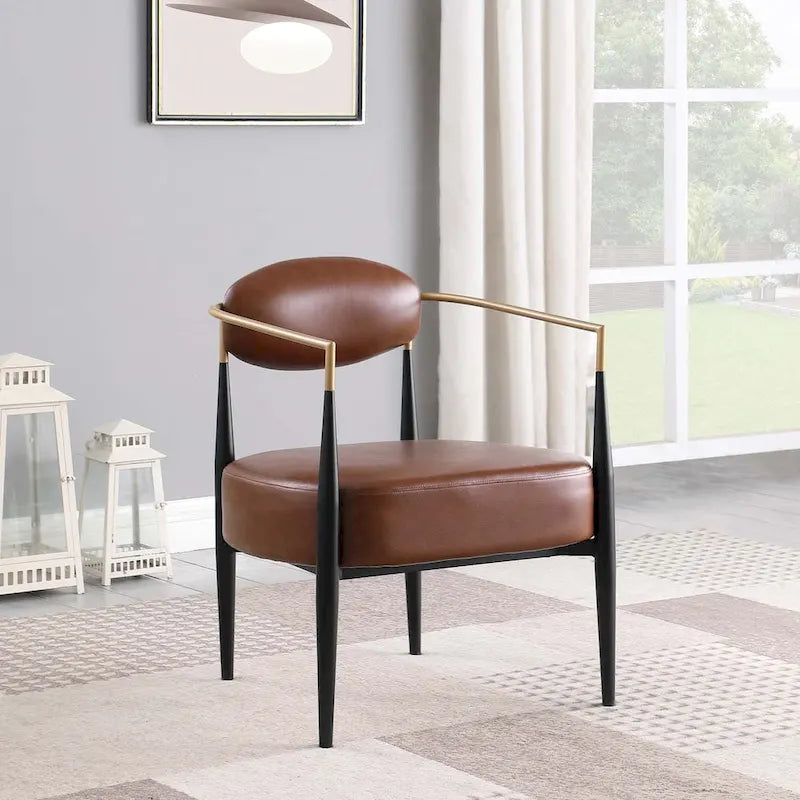 Mid-Century Armchair - Velvet/Faux Leather, Iron Frame, 24"W x 30.5"H, Single Seat, 330 lbs Capacity