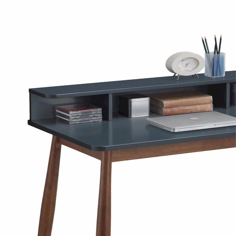 Office Desk - Grey-Blue & Brown, 3 Pigeonholes, Tapered Legs, Mid-Century, 43"W x 34.4"H