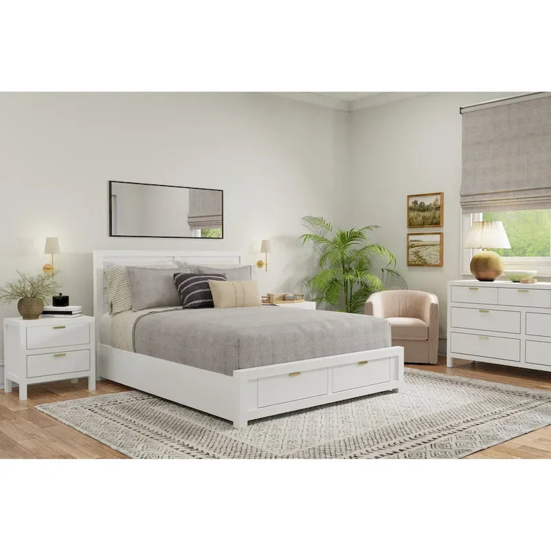 Eastern King Storage Bed - White, Panel Headboard, 2 Drawers, Slats Included, 85"W x 80"D x 46"H