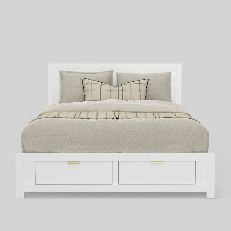 Eastern King Storage Bed - White, Panel Headboard, 2 Drawers, Slats Included, 85"W x 80"D x 46"H