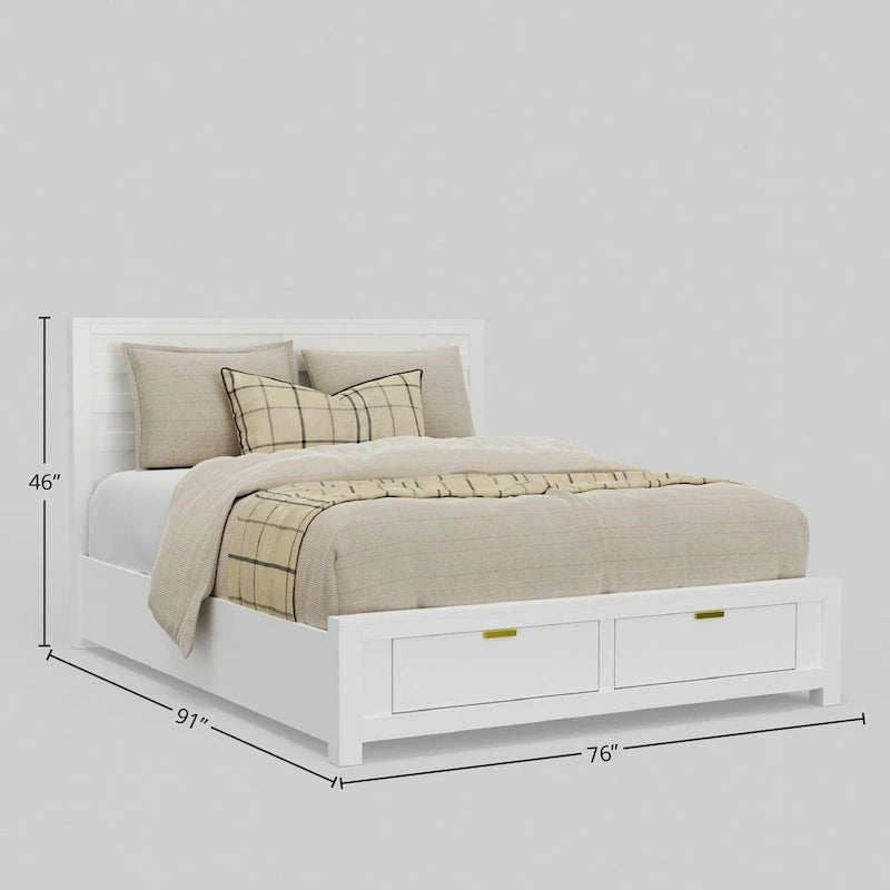 Eastern King Storage Bed - White, Panel Headboard, 2 Drawers, Slats Included, 85"W x 80"D x 46"H
