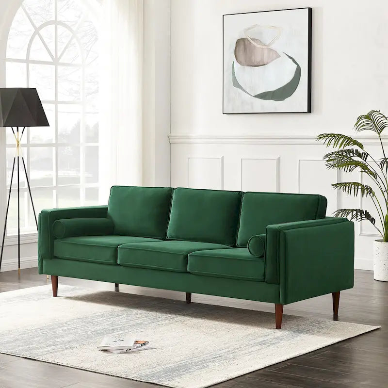 Mid-Century Modern Sofa - Teal Velvet, 3-Seater, Square Arms, Wood Frame, 88"W x 33"H