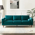 Mid-Century Modern Sofa - Teal Velvet, 3-Seater, Square Arms, Wood Frame, 88"W x 33"H