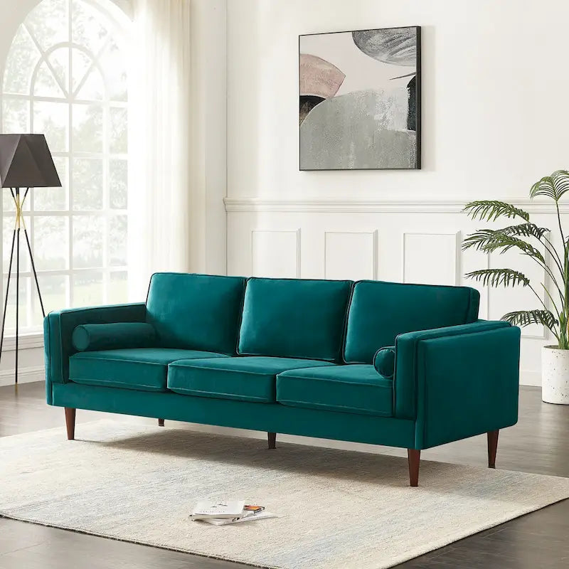 Mid-Century Modern Sofa - Teal Velvet, 3-Seater, Square Arms, Wood Frame, 88"W x 33"H