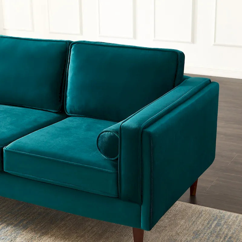 Mid-Century Modern Sofa - Teal Velvet, 3-Seater, Square Arms, Wood Frame, 88"W x 33"H