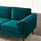 Mid-Century Modern Sofa - Teal Velvet, 3-Seater, Square Arms, Wood Frame, 88"W x 33"H