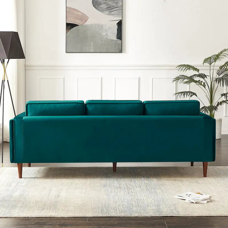 Mid-Century Modern Sofa - Teal Velvet, 3-Seater, Square Arms, Wood Frame, 88"W x 33"H