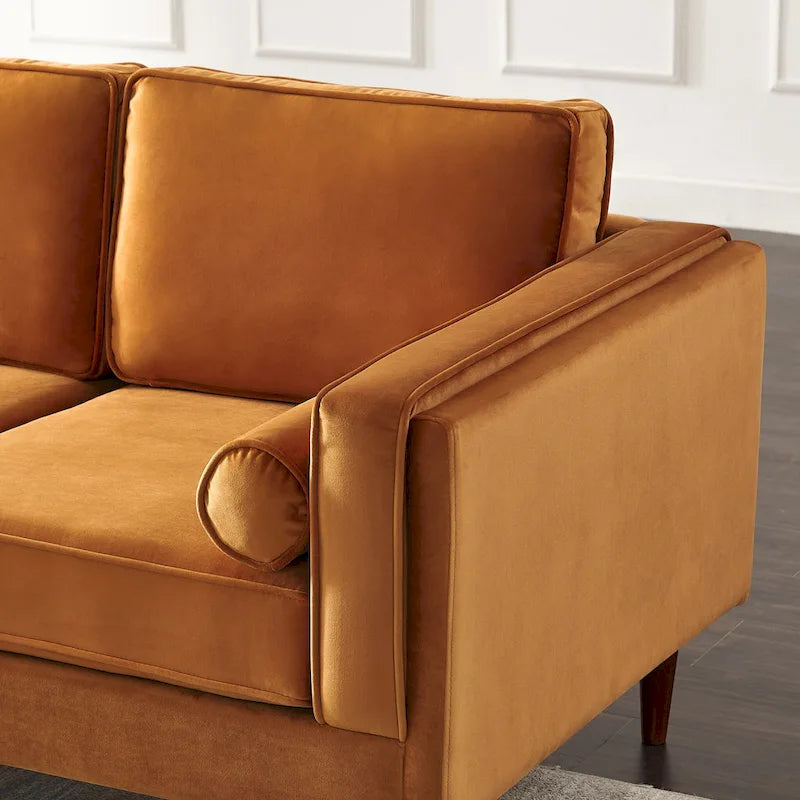 Mid-Century Modern Sofa - Teal Velvet, 3-Seater, Square Arms, Wood Frame, 88"W x 33"H