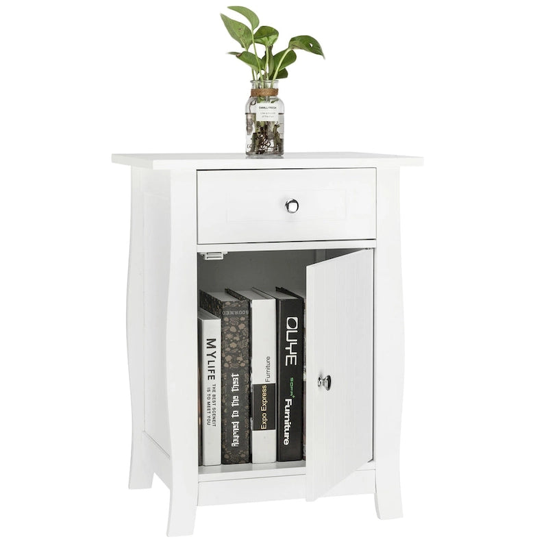 Nightstand - White MDF, 1 Door, 1 Drawer, Paint Finish, 17.72"W x 23.62"H, Compact