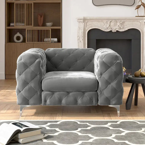 Chesterfield Club Chair - Velvet, Diamond Tufted, Chrome Legs, 46.5"W x 29.5"H, Single Seat