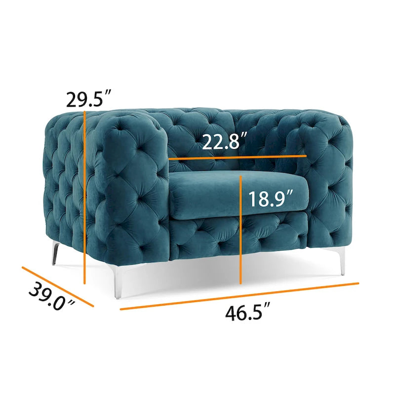 Chesterfield Club Chair - Velvet, Diamond Tufted, Chrome Legs, 46.5"W x 29.5"H, Single Seat