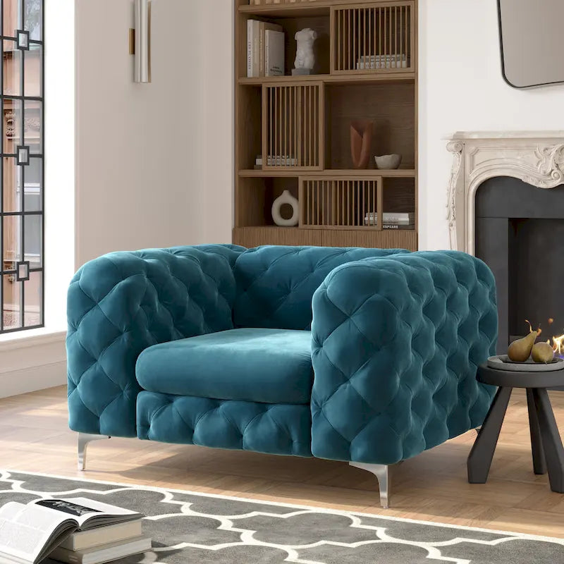 Chesterfield Club Chair - Velvet, Diamond Tufted, Chrome Legs, 46.5"W x 29.5"H, Single Seat