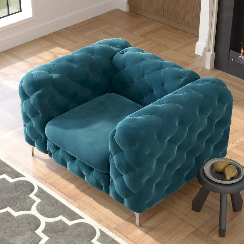 Chesterfield Club Chair - Velvet, Diamond Tufted, Chrome Legs, 46.5"W x 29.5"H, Single Seat