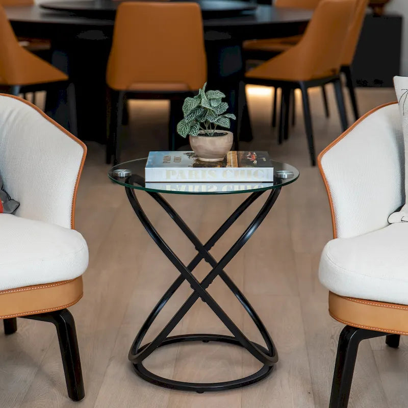 Round End Table - Tempered Glass Top, Sculptural Base, 21.5"W x 22"H, Chrome or Black Finish