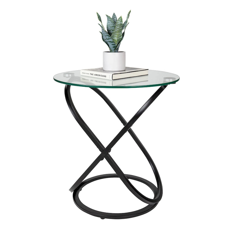 Round End Table - Tempered Glass Top, Sculptural Base, 21.5"W x 22"H, Chrome or Black Finish