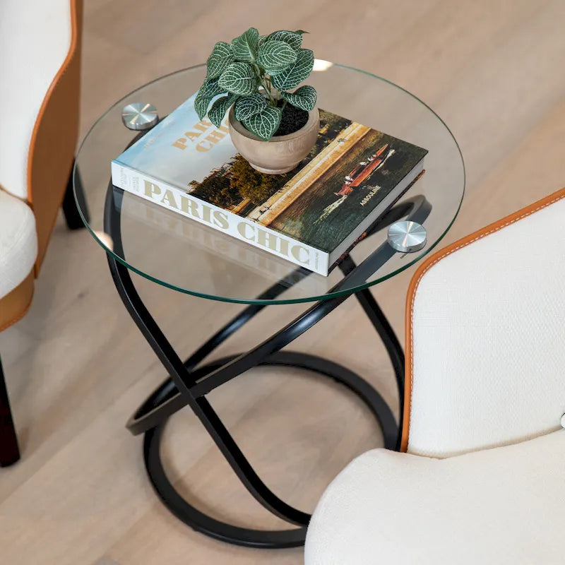 Round End Table - Tempered Glass Top, Sculptural Base, 21.5"W x 22"H, Chrome or Black Finish