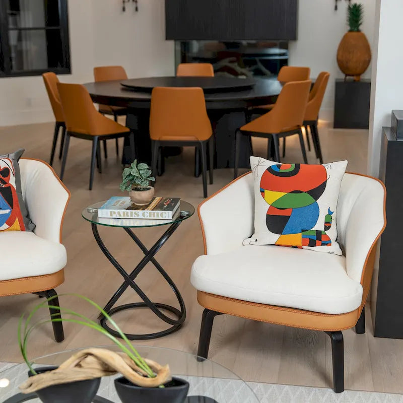 Round End Table - Tempered Glass Top, Sculptural Base, 21.5"W x 22"H, Chrome or Black Finish