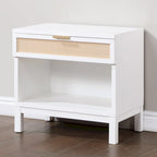 Nightstand - White, Cane Inset Drawer, Gold Pull, Open Shelf, 25"W x 24.25"H, Coastal Style